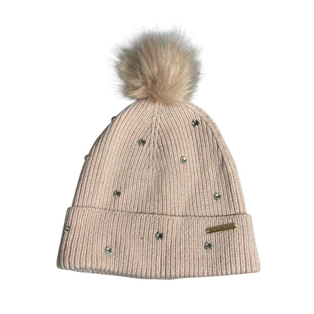 Michael Kors Cream Crystal Rhinestone Embellished Rib Cuff Hat Beanie One Size